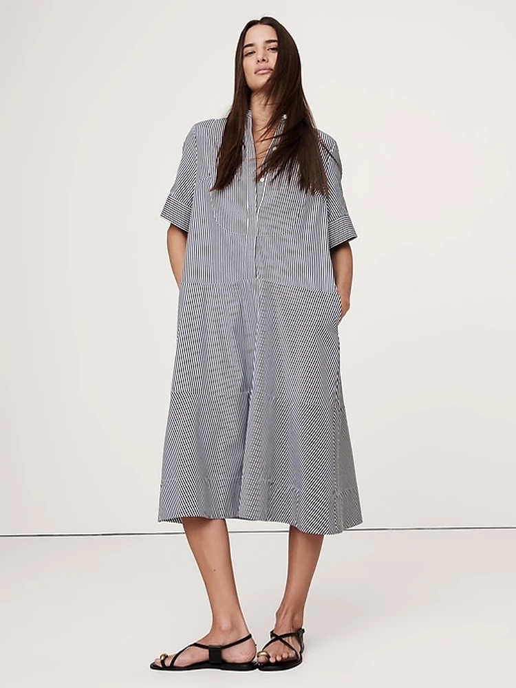 Cotton Poplin Tuxedo-Front Midi Dress