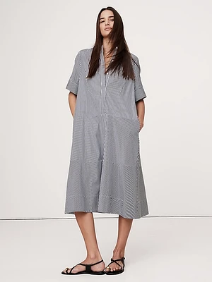 Cotton Poplin Tuxedo-Front Midi Dress