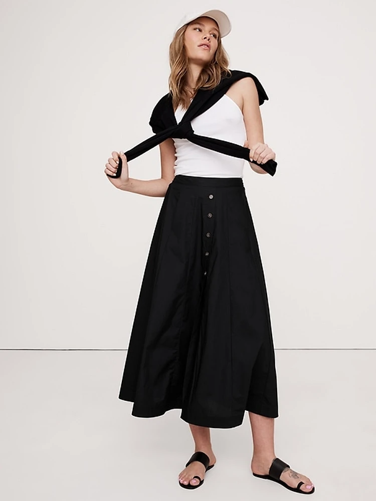 Poplin Button-Down Long Midi Skirt