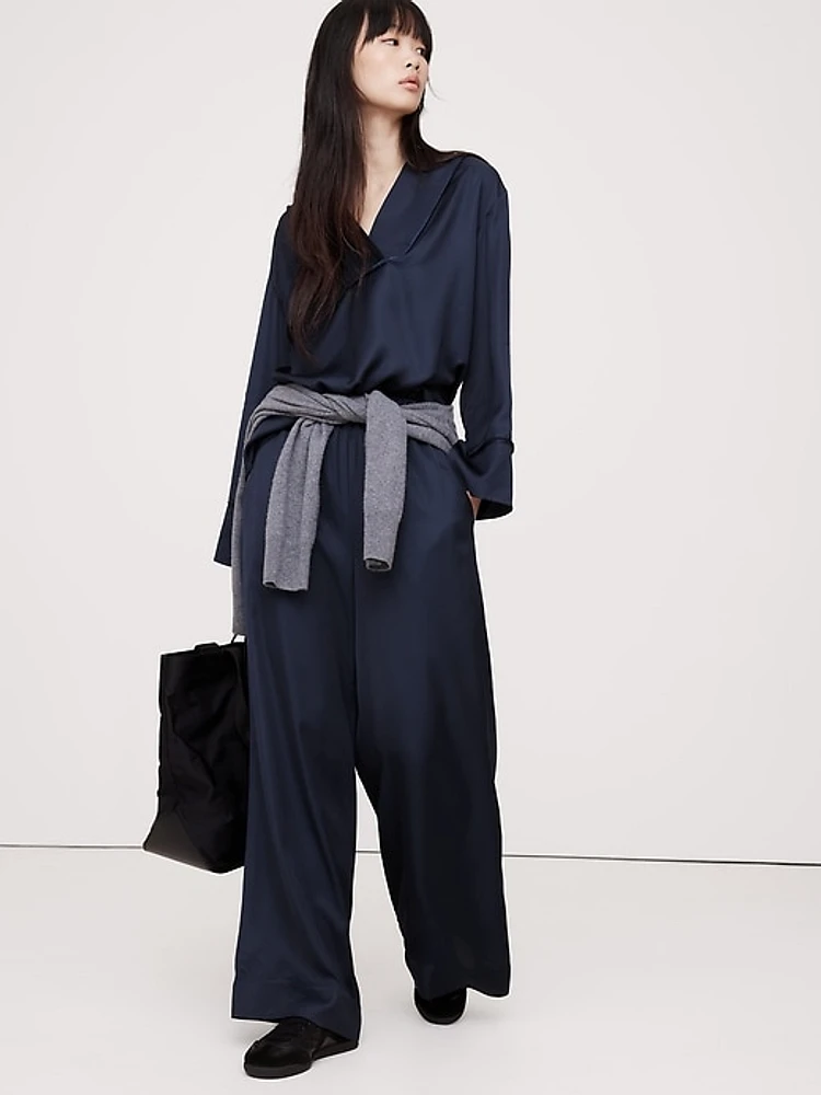 High-Rise Wide-Leg Viscose-Linen Pull-On Pant