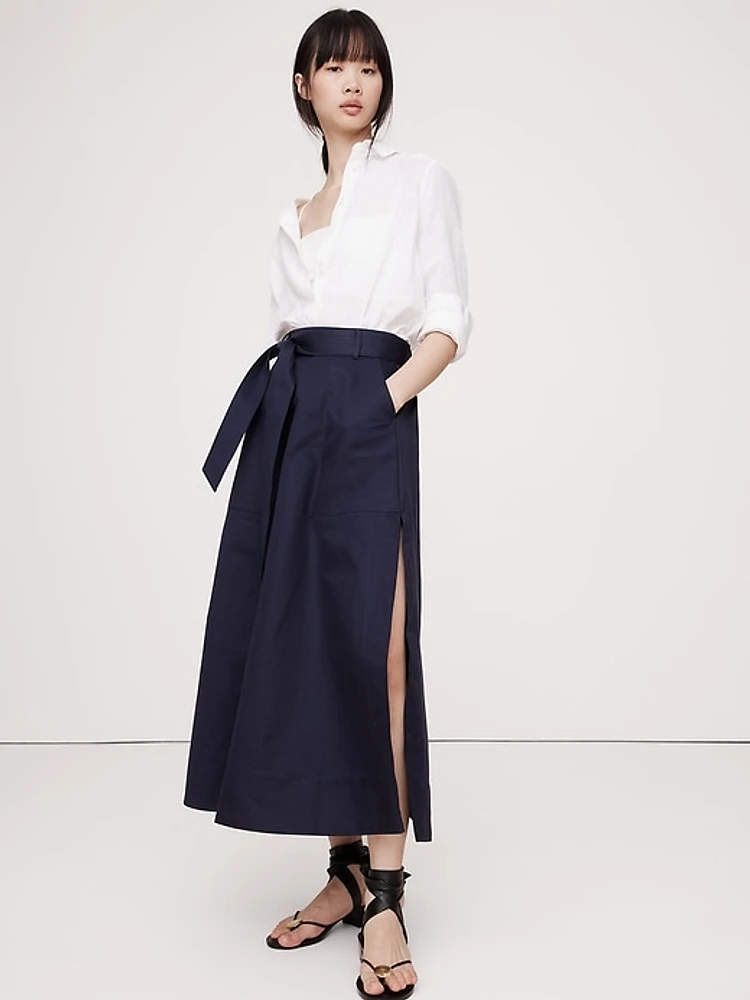 Cotton Sateen Side-Slit Long Midi Skirt