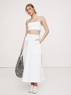 Cotton Sateen Side-Slit Long Midi Skirt