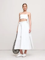 Cotton Sateen Side-Slit Long Midi Skirt