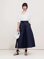 Cotton Sateen Side-Slit Long Midi Skirt