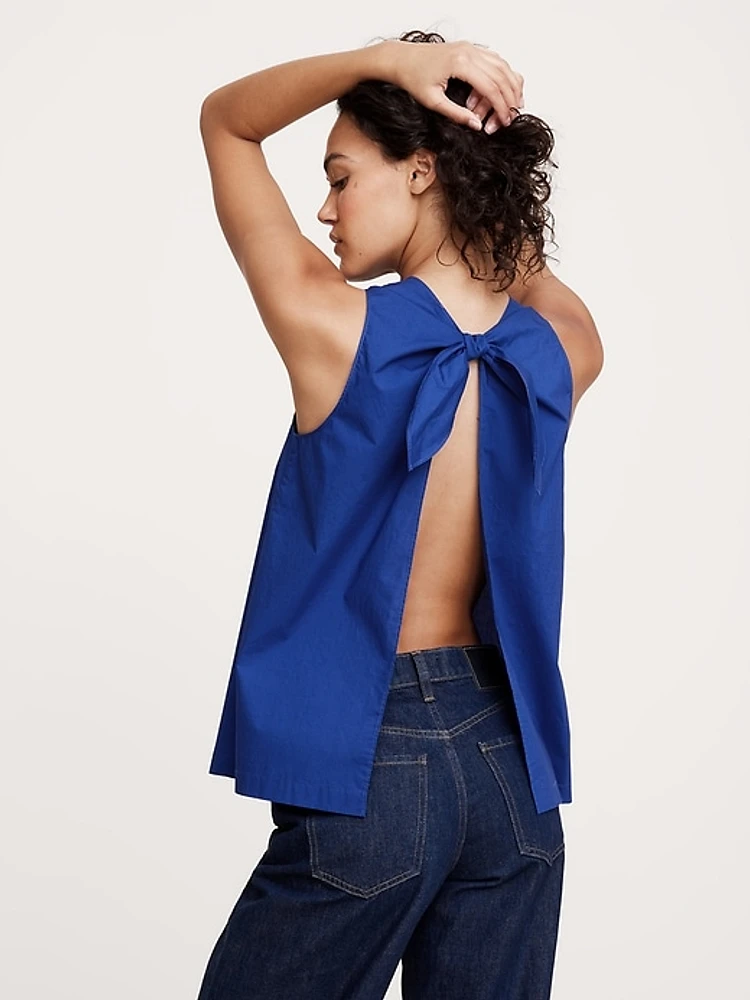 Poplin Cowl-Neck Open-Back Top