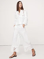 High-Rise Wide-Leg Embroidered Cotton Poplin Cropped Pull-On Pant