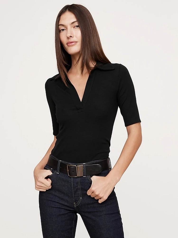 Ribbed Elbow-Sleeve Polo