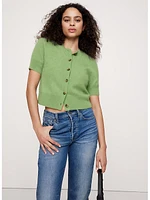 Lightweight Brushed Cashmere Short-Sleeve Cardigan Sweater