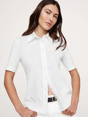 Silky Cotton Short-Sleeve Button-Down Top