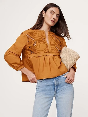 Embroidered Cotton Poplin Popover Top