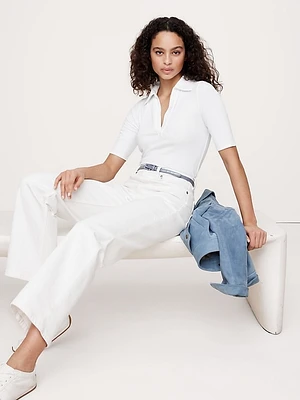 Ribbed Elbow-Sleeve Polo