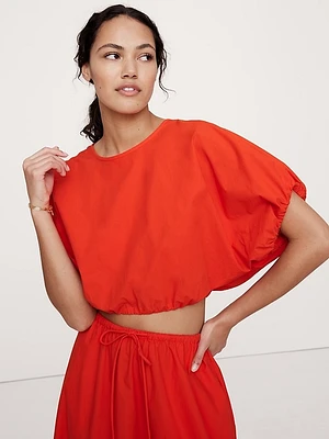 Cotton Poplin Bubble-Hem Cropped Top