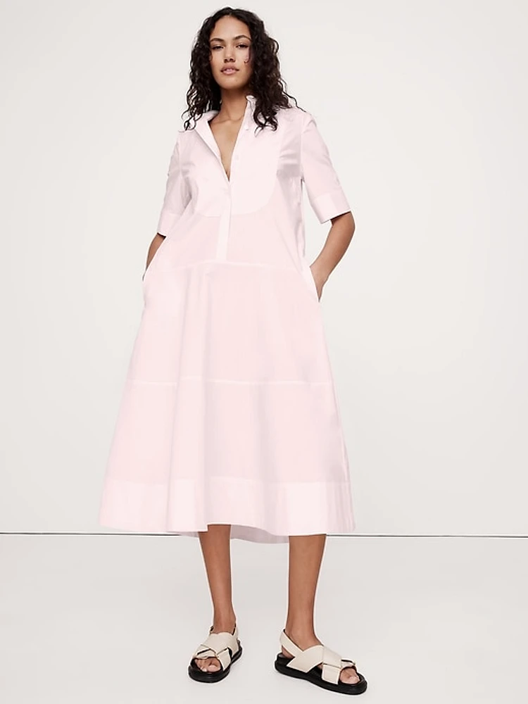 Poplin Tuxedo-Front Midi Dress