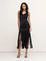 Fringe Stretch-Satin V-Neck Maxi Dress