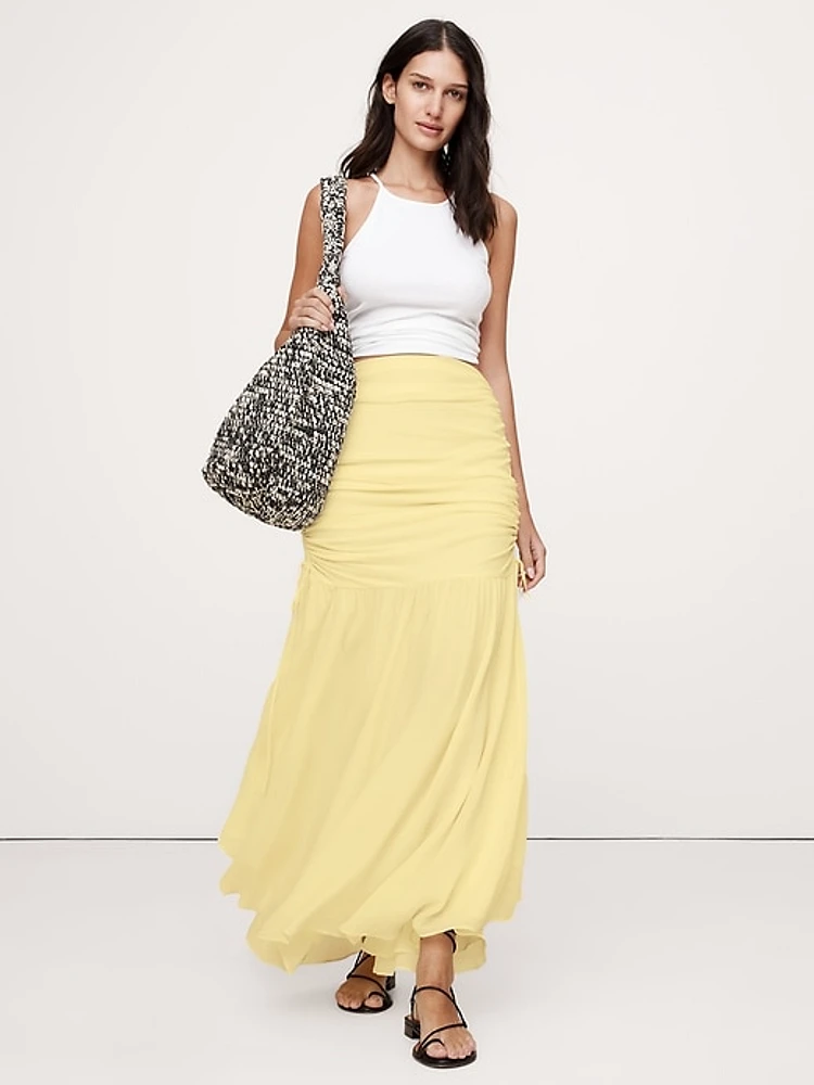 Ruched Drop-Waist Chiffon Skirt