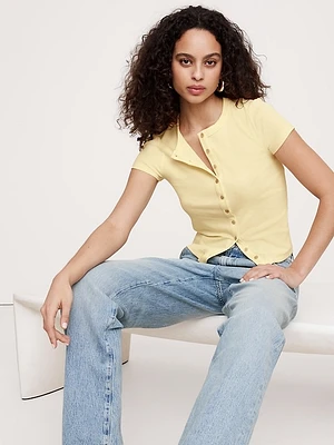 Ribbed Short-Sleeve Button-Down Top