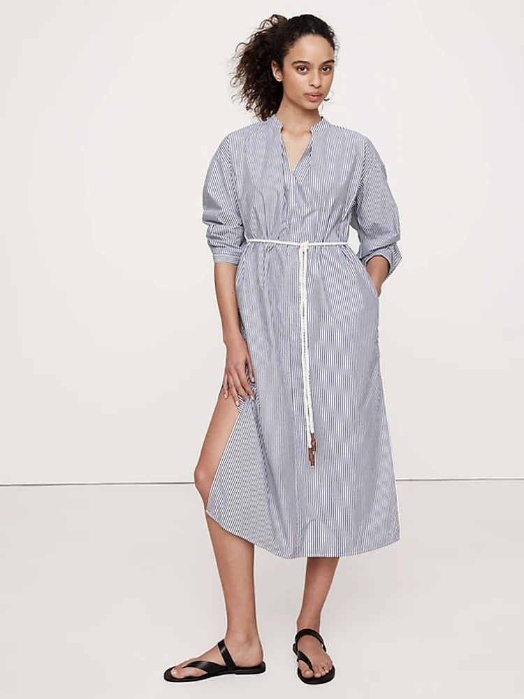 Cotton Poplin Split-Neck Shirt Dress