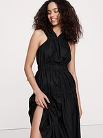 Cotton Poplin Ruched Drop-Waist Maxi Dress