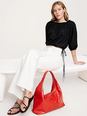 Cotton Poplin Ruched Bubble-Hem Top