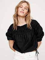 Cotton Poplin Ruched Bubble-Hem Top