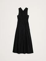 Cotton Poplin Ruched Drop-Waist Maxi Dress
