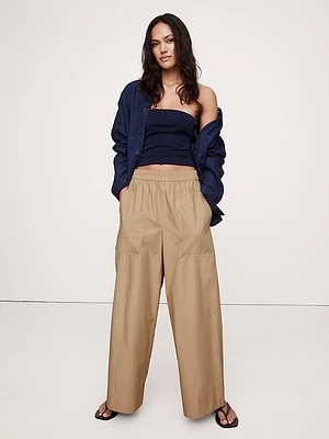 Wide-Leg Pull-On Cotton Poplin Ankle Pant