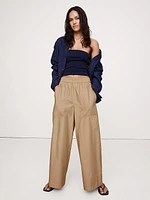 Wide-Leg Pull-On Cotton Poplin Ankle Pant