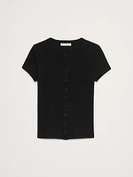 Ribbed Short-Sleeve Button-Down Top