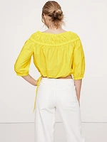 Cotton Poplin Ruched Bubble-Hem Top