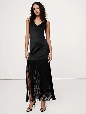 Fringe Stretch-Satin V-Neck Maxi Dress