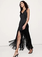 Fringe Stretch-Satin V-Neck Maxi Dress