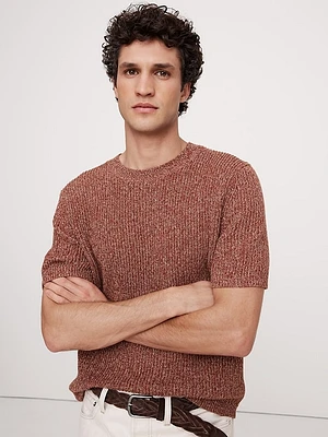 Ribbed Linen-Cotton Short-Sleeve Sweater