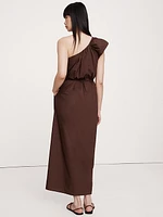 Ruched Cotton Poplin One-Shoulder Maxi Dress