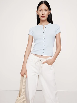 Ribbed Short-Sleeve Button-Down Top
