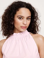 Cotton Poplin Ruche-Neck Top