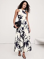 Cotton Poplin Ruched Drop-Waist Maxi Dress