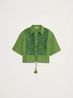 Embroidered Tencel™-Linen Tie-Front Top