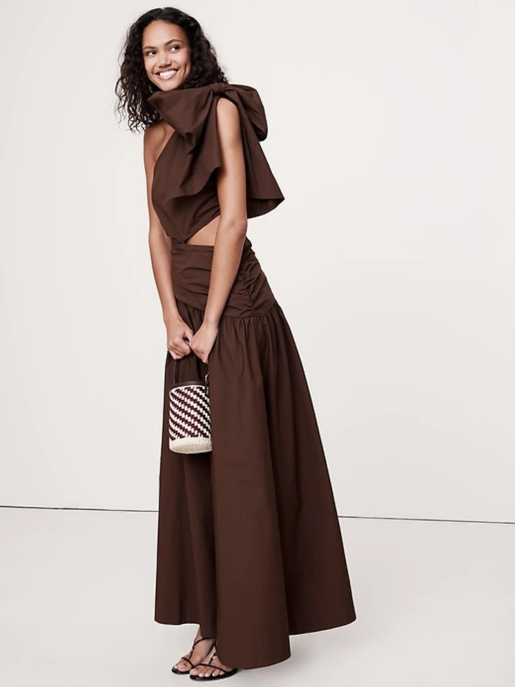 Stretch-Cotton Poplin One-Shoulder Drop-Waist Maxi Dress