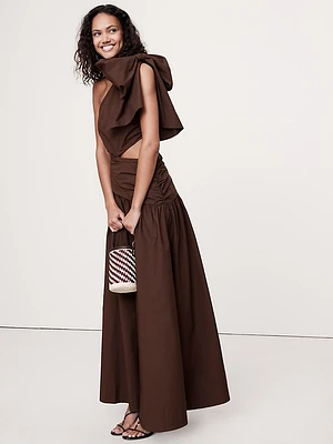 Stretch-Cotton Poplin One-Shoulder Drop-Waist Maxi Dress