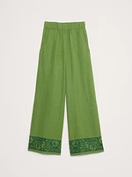High-Rise Wide-Leg Embroidered Tencel™-Linen Pull-On Pant