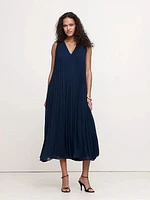 Pleated Georgette Open-Back Long Midi Dress