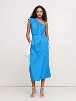 Ruched Cotton Poplin One-Shoulder Maxi Dress