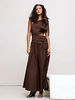 Stretch-Cotton Poplin One-Shoulder Drop-Waist Maxi Dress