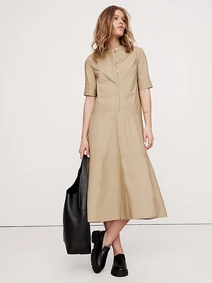 Cotton Poplin Tuxedo-Front Midi Dress