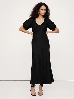Viscose-Linen Ruched Long Midi Dress
