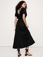 Viscose-Linen Ruched Long Midi Dress