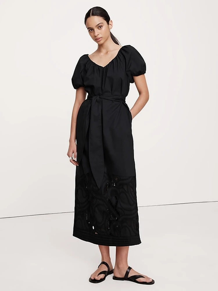 Embroidered Cotton Poplin Ruched Dress