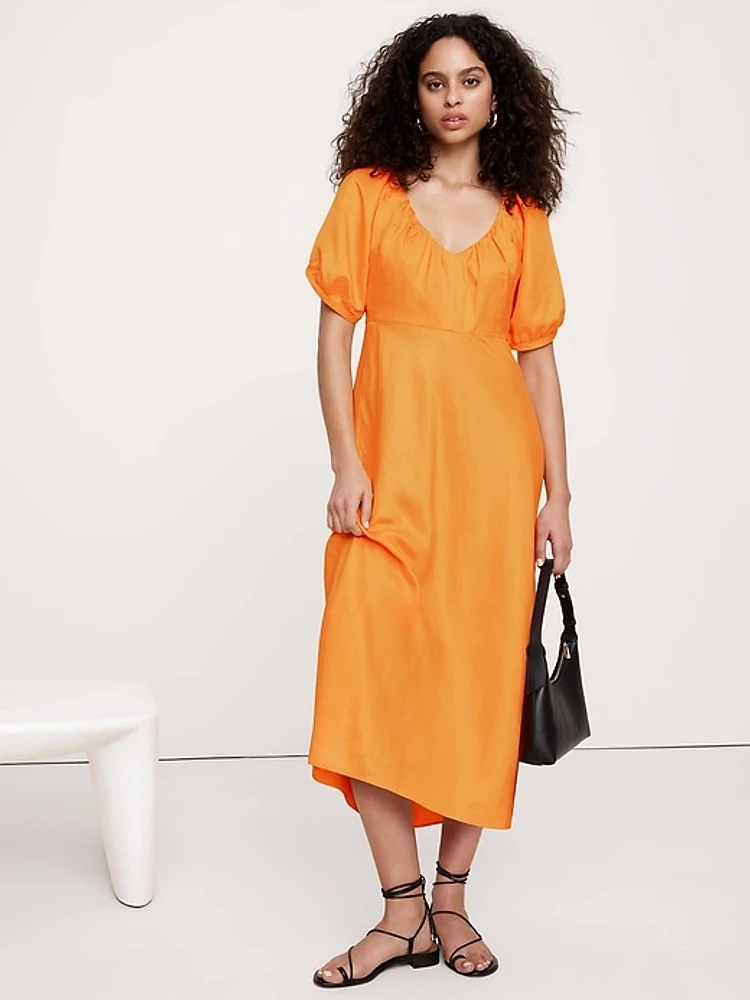Viscose-Linen Ruched Long Midi Dress