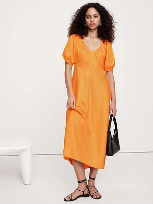 Viscose-Linen Ruched Long Midi Dress