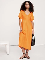 Viscose-Linen Ruched Long Midi Dress
